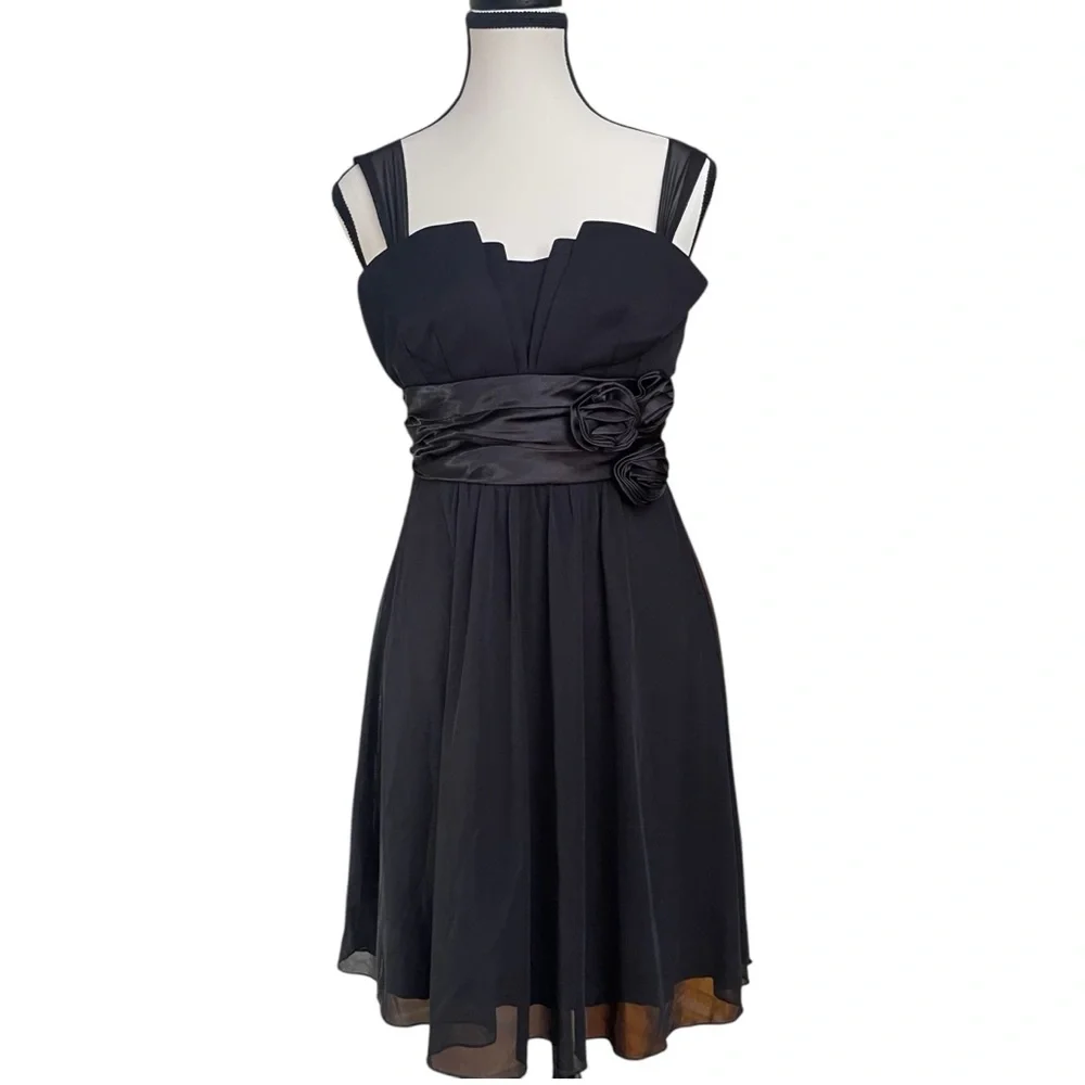 Trixxi Black Rosette Waist Chiffon Fit & Flare Party Mini Dress XS